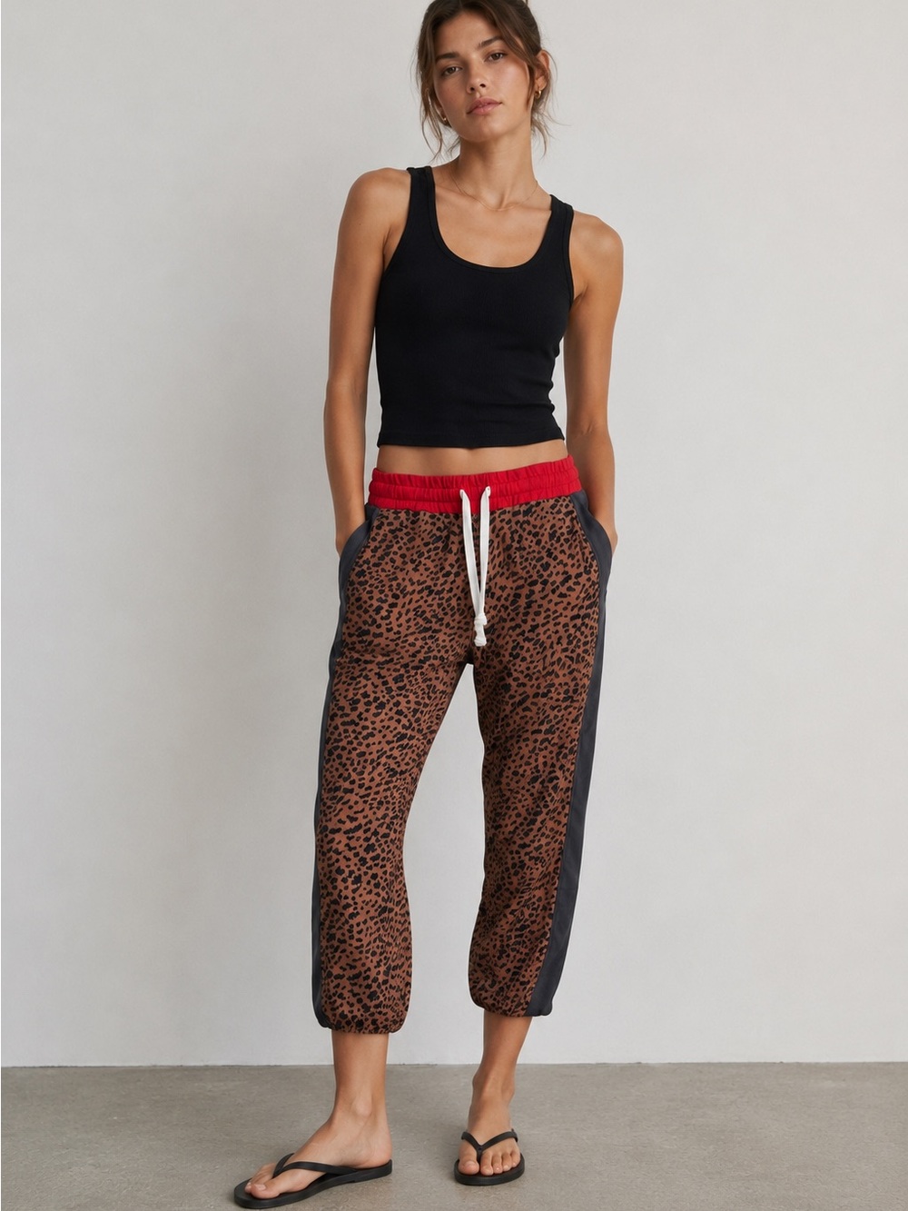 Monrow Leopard Print Jogger Sweatpants Red Waistband Colorblock Size XS